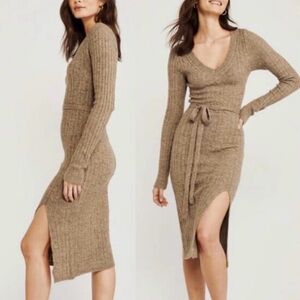 Abercrombie & Fitch Tie-Waist Midi Sweater Dress‎ Front Slit in Brown Size LP
